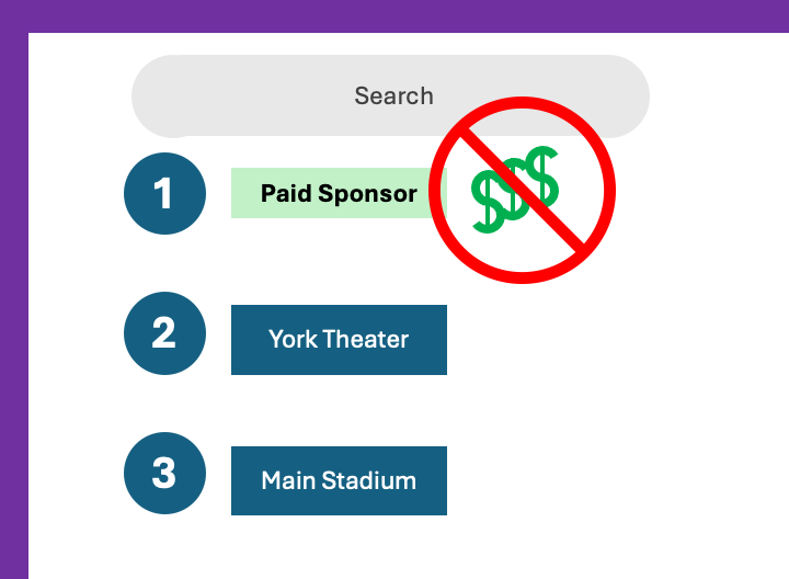 Image representing no paid sponsors, with prohibiting sign over green dollar signs.